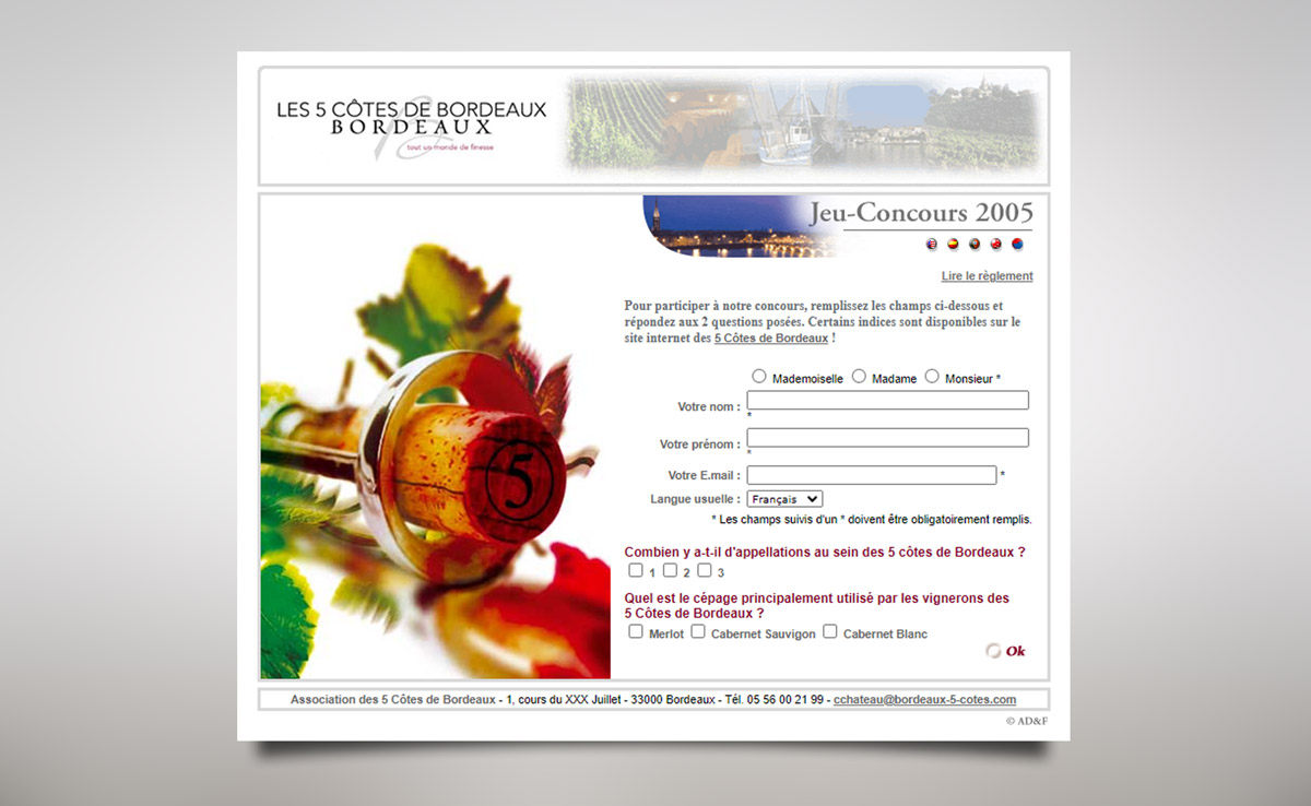 Page web éphémère d'un jeu-concours 2005 (Les 5 Côtes de Bordeaux)